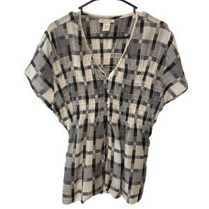 Womens Black & White Plaid Cotton Smocked Tunic Top With Button Front Size L Boh